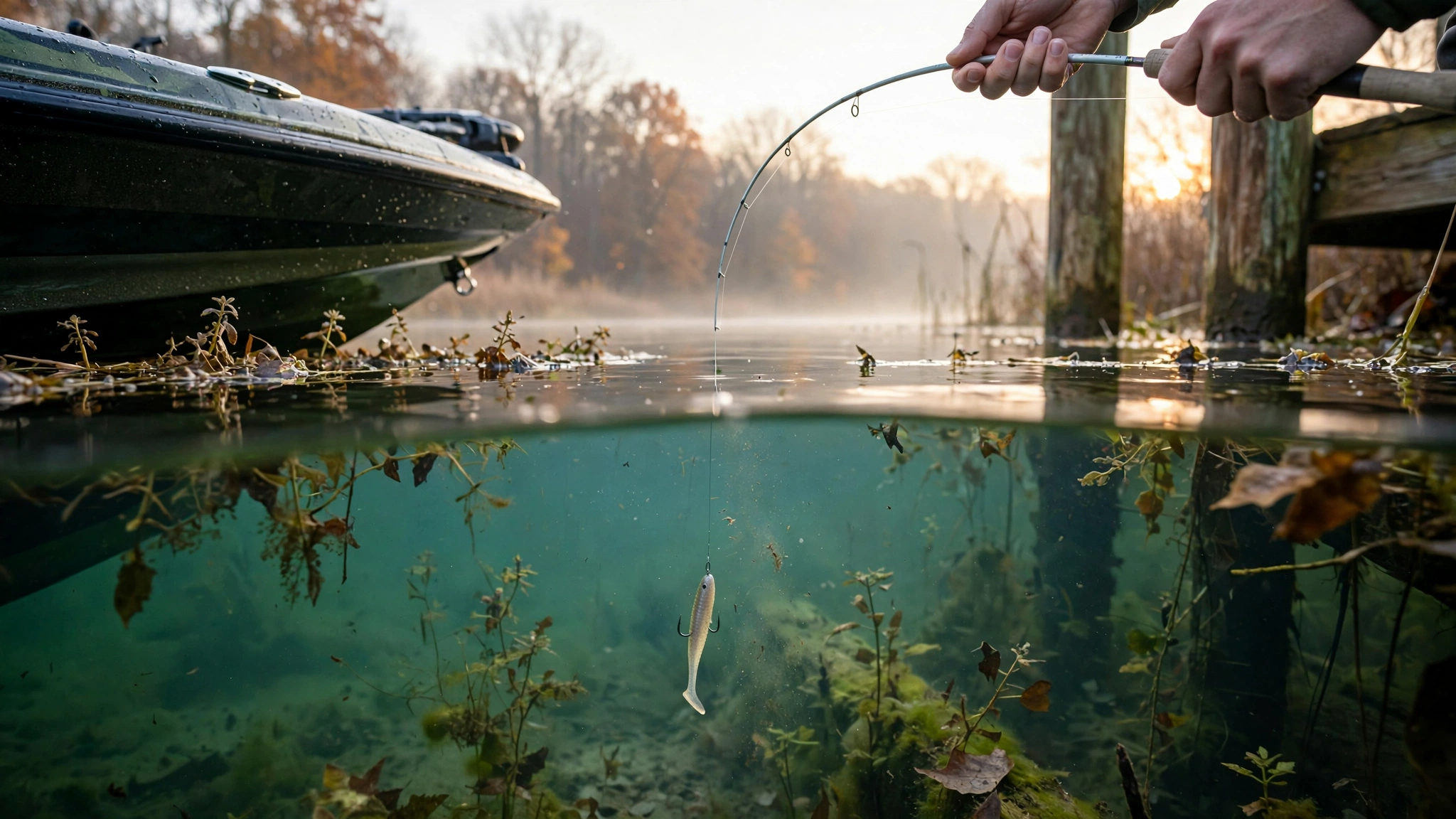 Angler's hands on a light spinning rod as a pale weighted wacky rig falls past a dock piling on a lake at first light