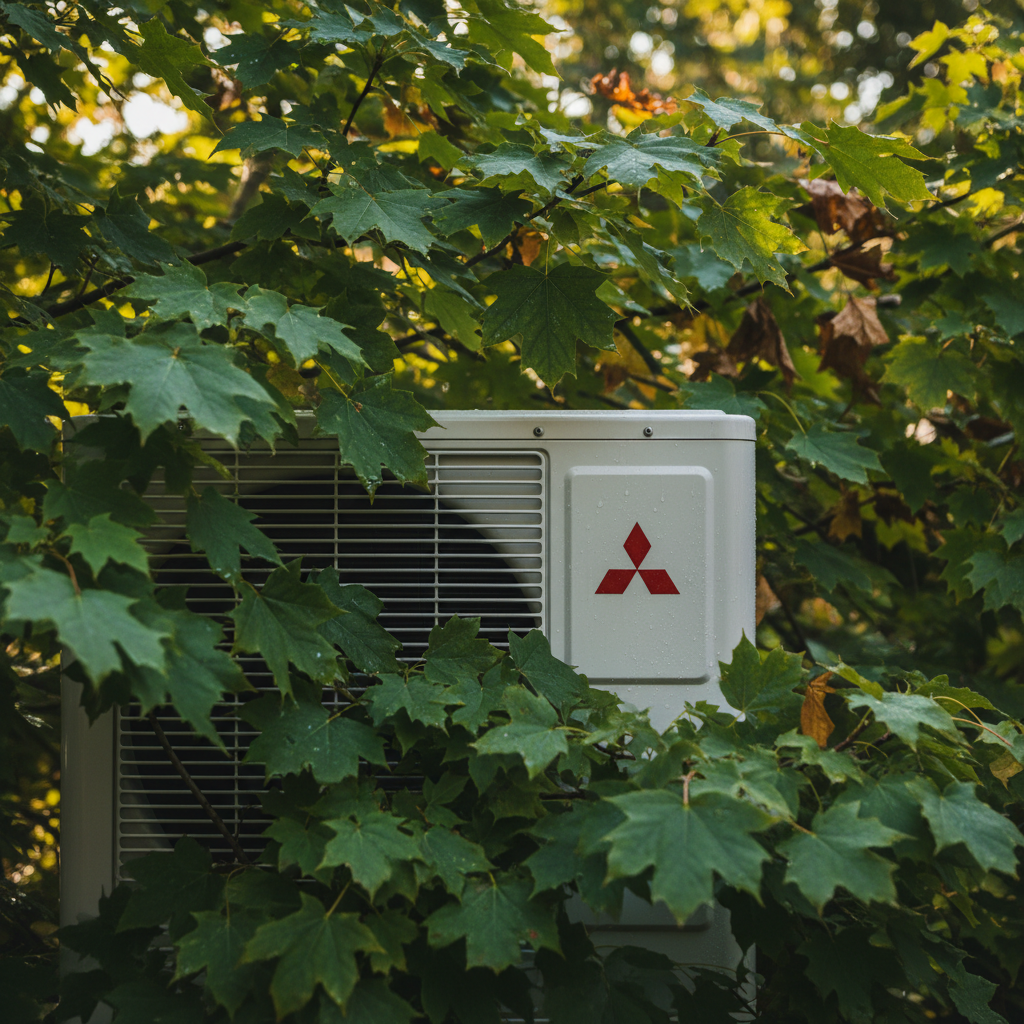 Mitsubishi outdoor heat pump unit surrounded by green maple tree leaves.