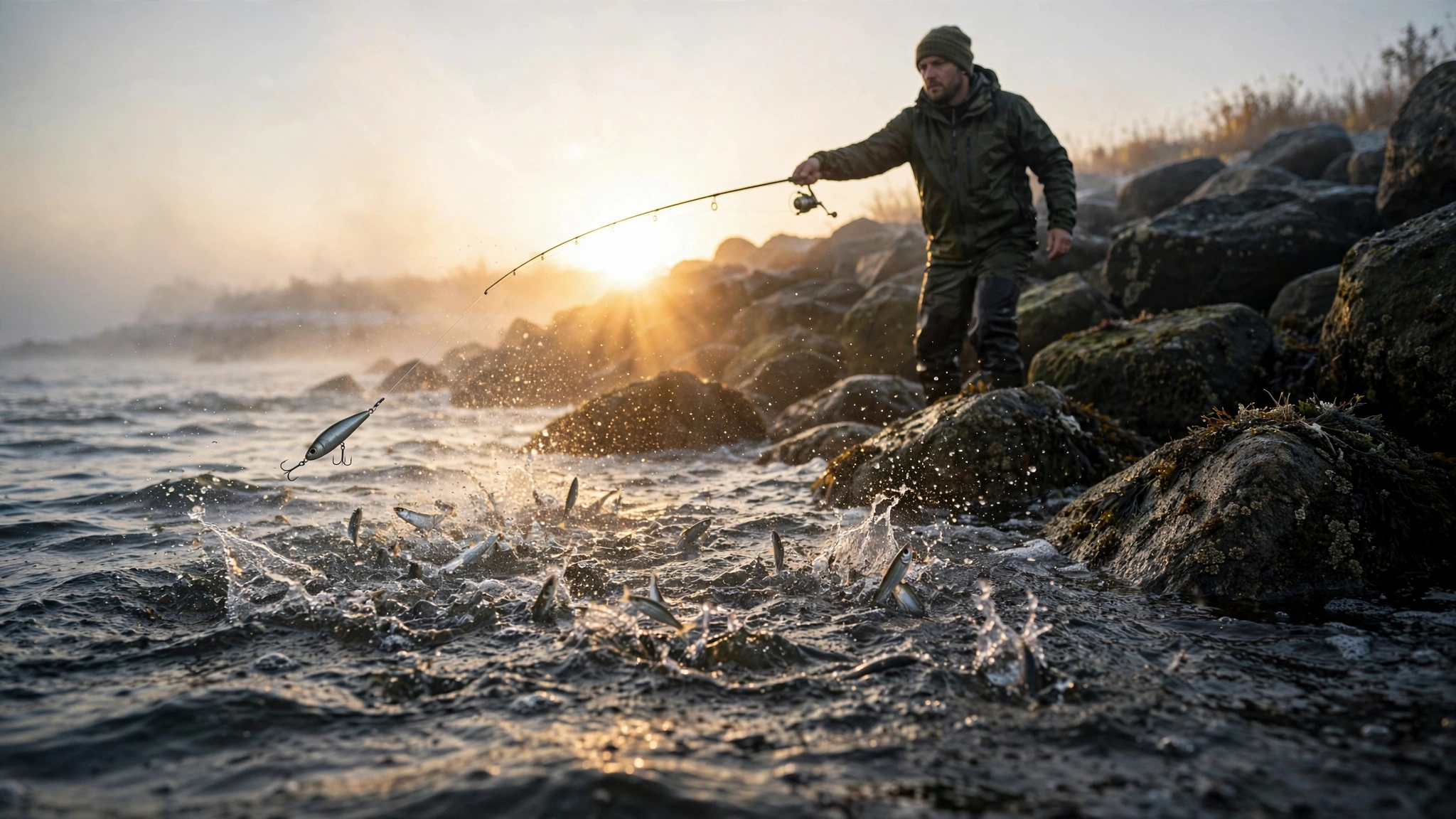 Angler casting a silver plug from a rocky jetty at dawn in October, with bait breaking on the surface in front of him
