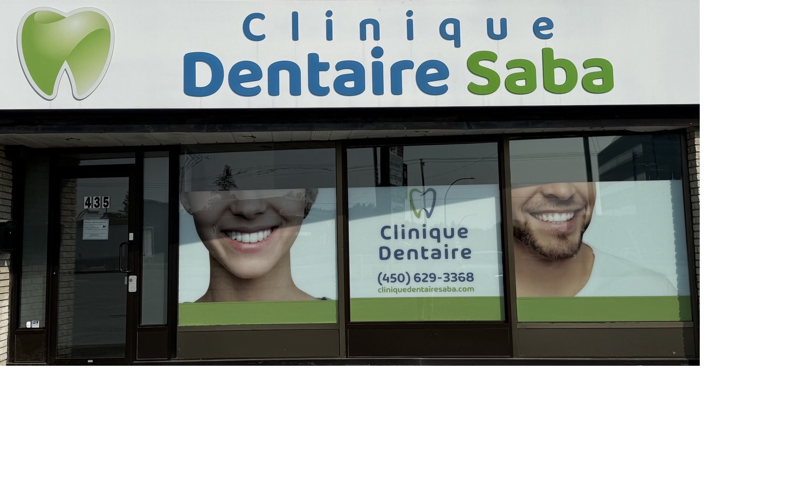Exterior storefront of Clinique Dentaire Saba with signage and phone number.