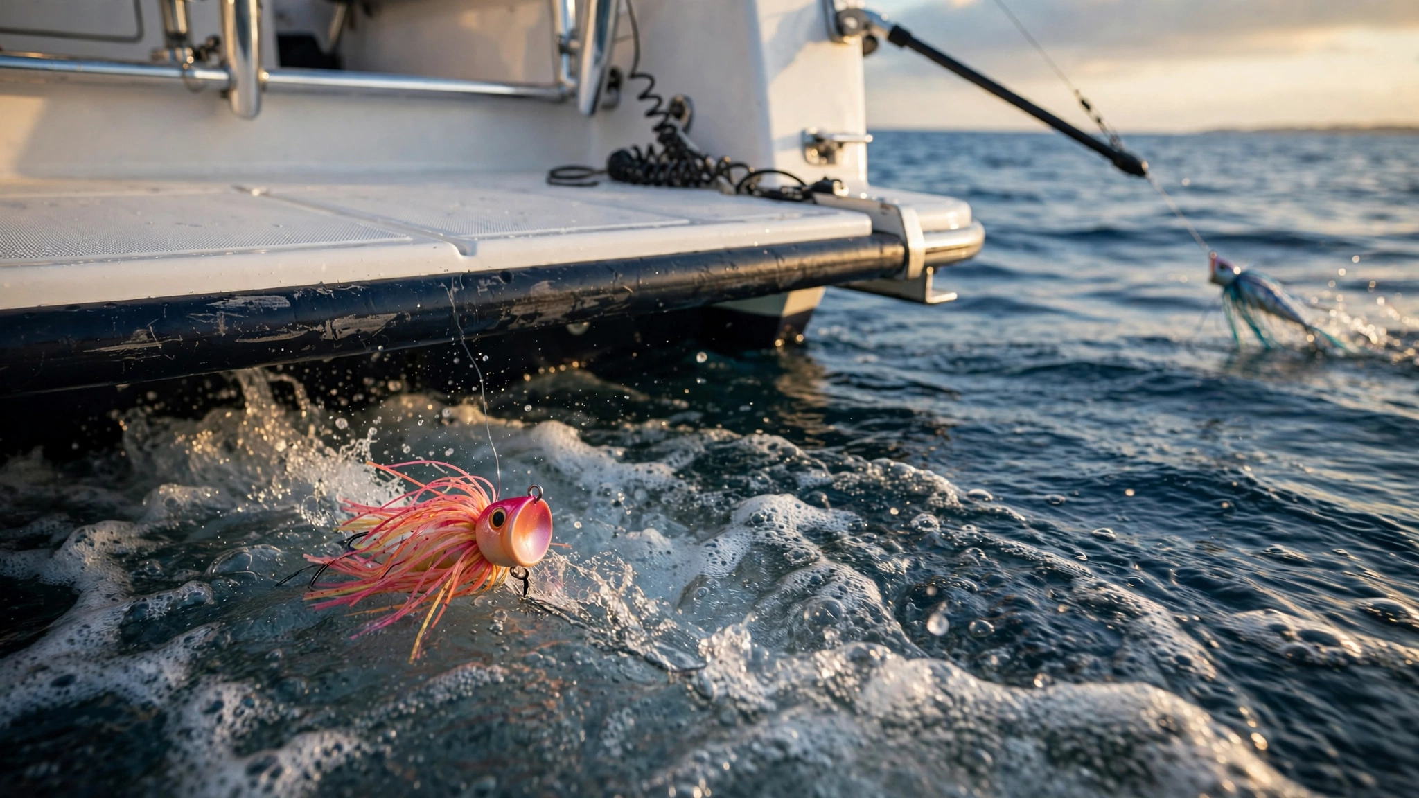 Sportfishing boat transom on open offshore water with a skirted Black Bart lure running clear of the wash