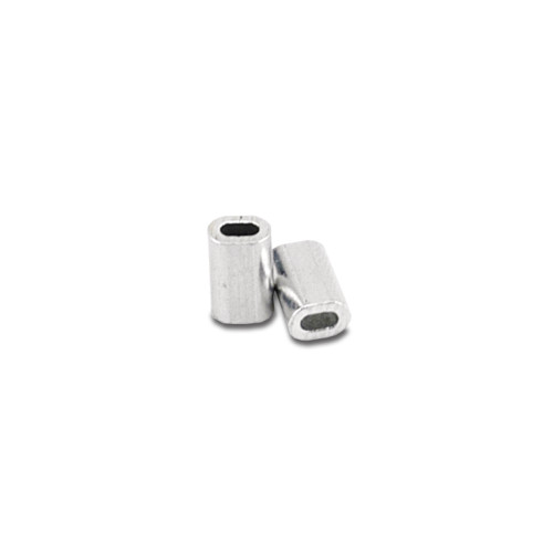 Two metal fishing crimp sleeves on a white background.