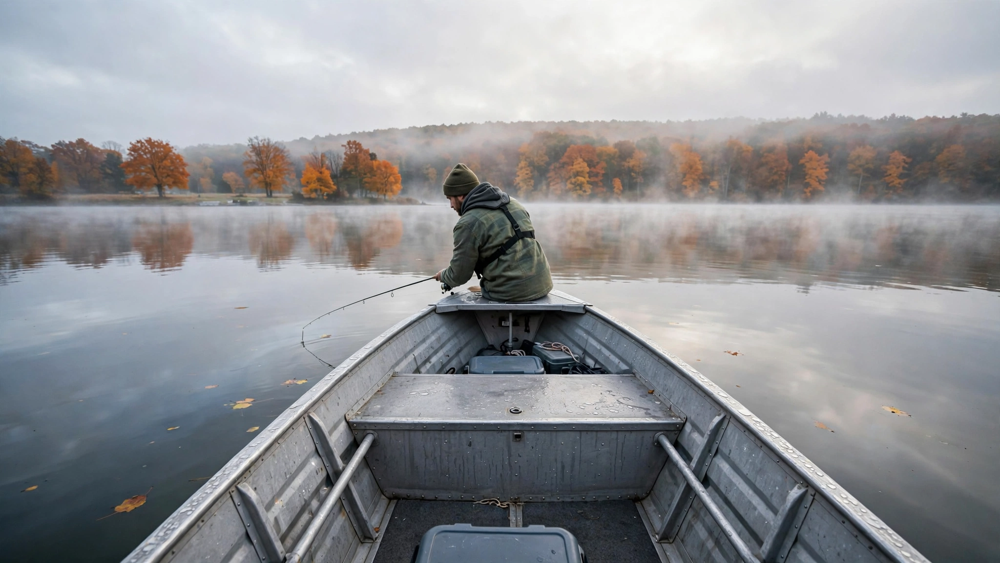 Angler at the bow of a small aluminum boat on a still autumn lake, holding a medium-light drop shot rod low over the water at