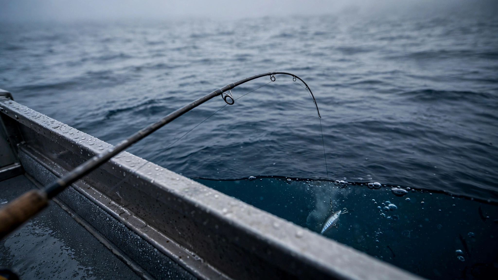 Angler's medium-heavy slow pitch jigging rod bending over dark blue ocean from a sportfishing boat rail