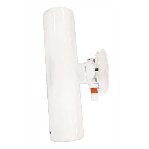 A white fishing rod holder with an adjustable mount on a white background.