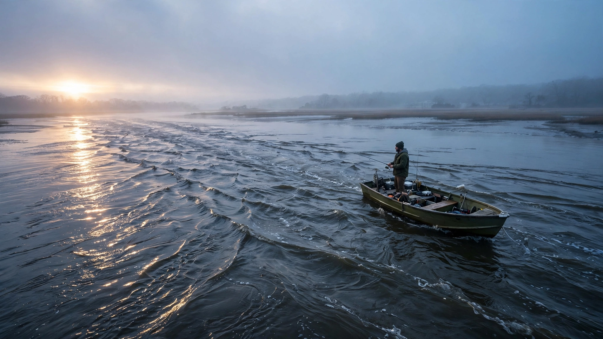 Angler holding a spinning rod at the rail of a small boat on a Chesapeake Bay tidal rip at first light