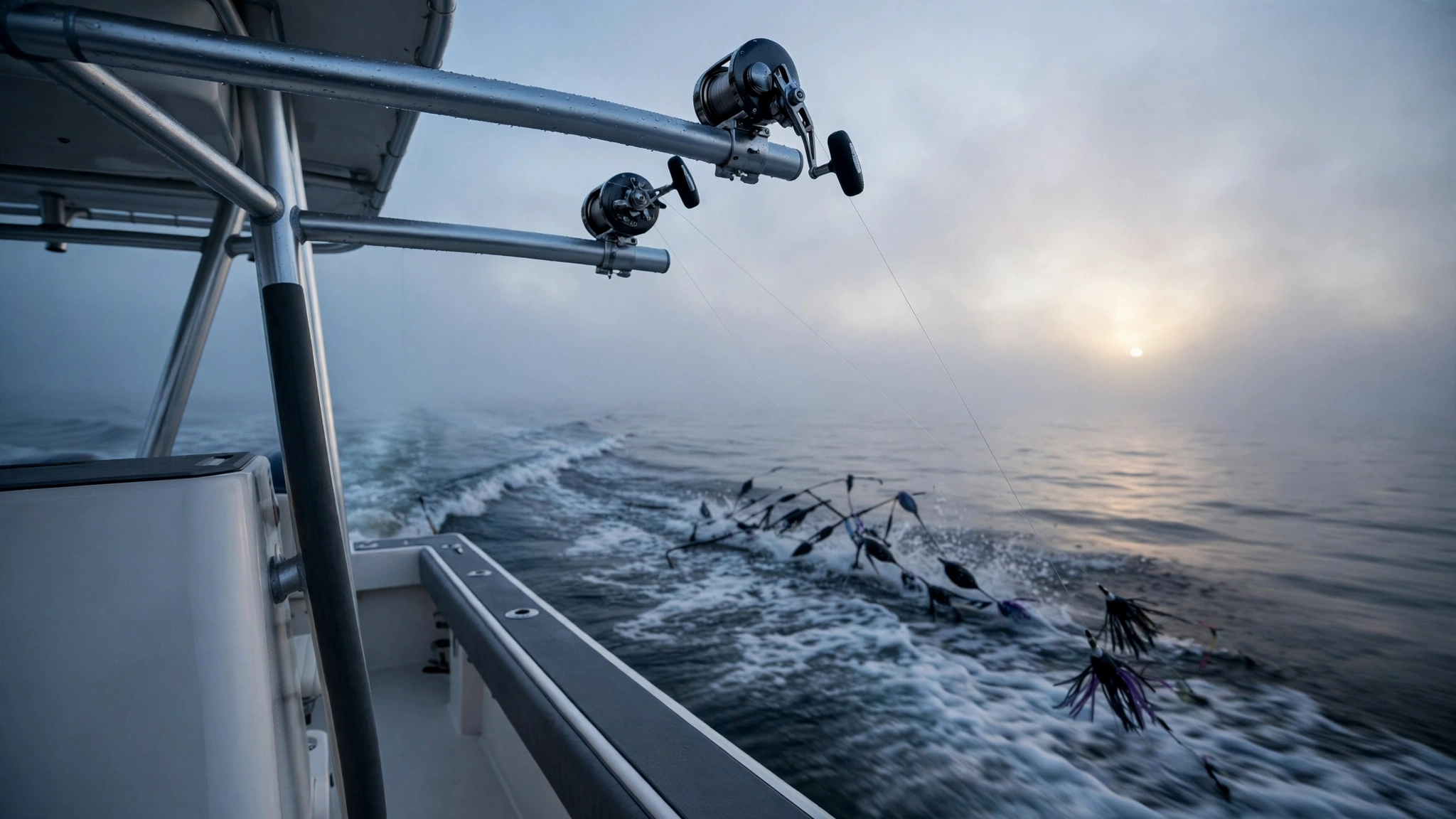 Center console at dawn with two teaser reels mounted on the T-top pipe, monofilament running back over the wake