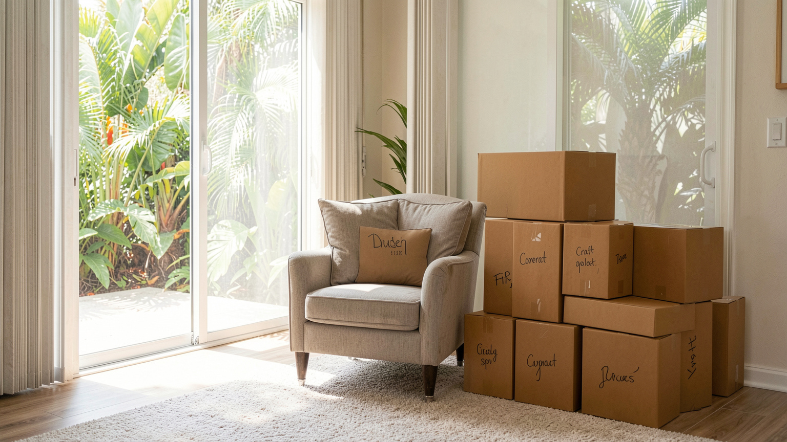 Sunlit living room with labeled moving boxes ready for senior relocation services in Central Florida