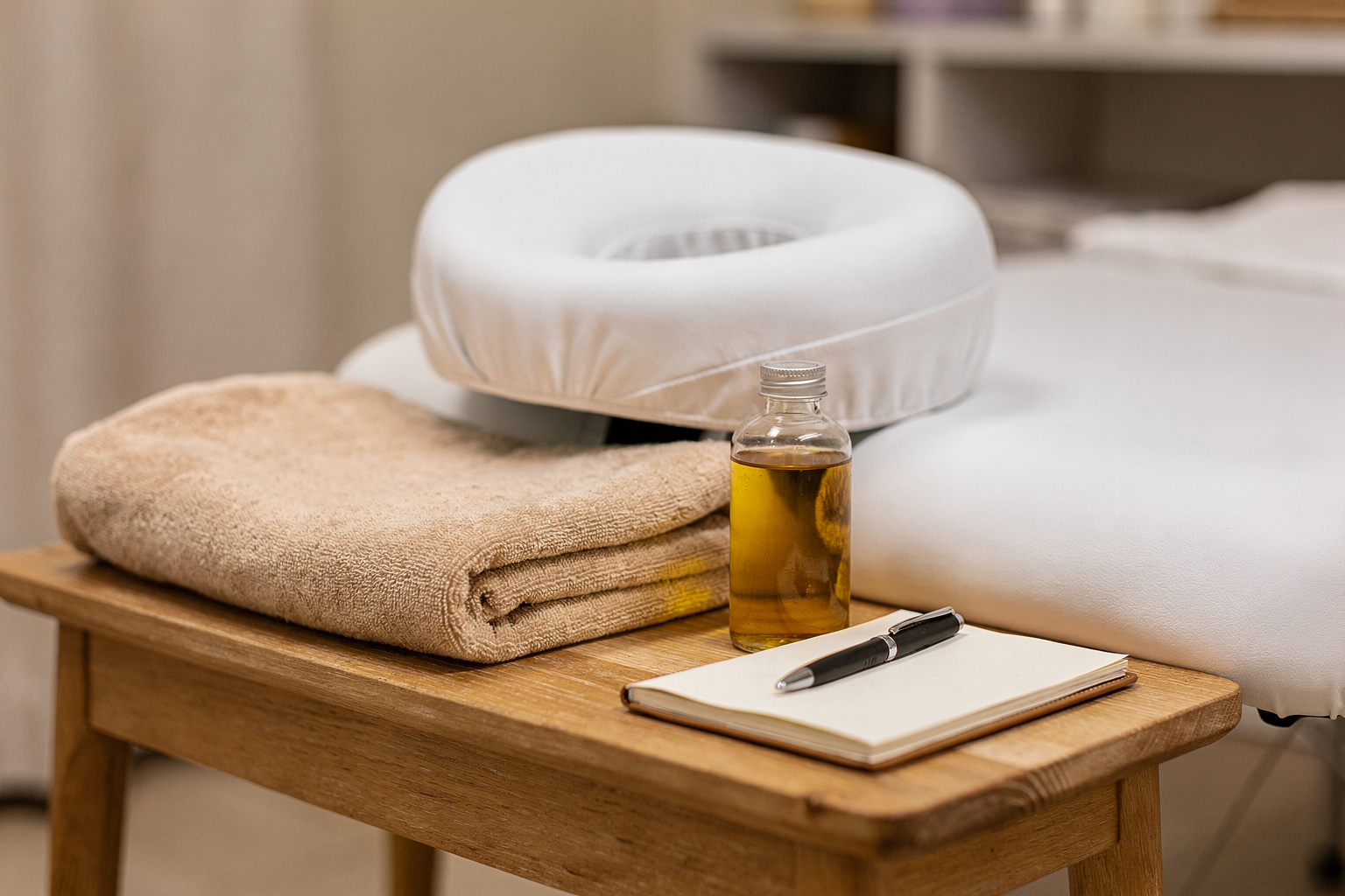 Massage table setup with oil and notebook for custom care communication