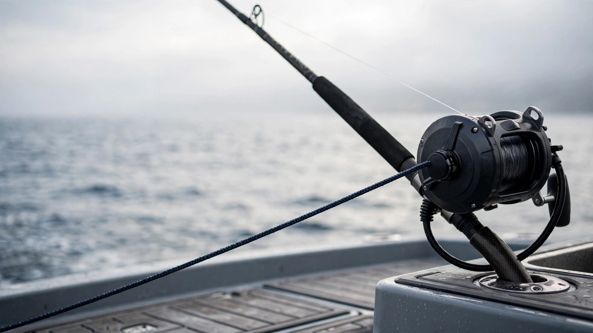 Shimano electric reel on a heavy rod in a gunwale holder on a sportfishing boat, braid running toward open water