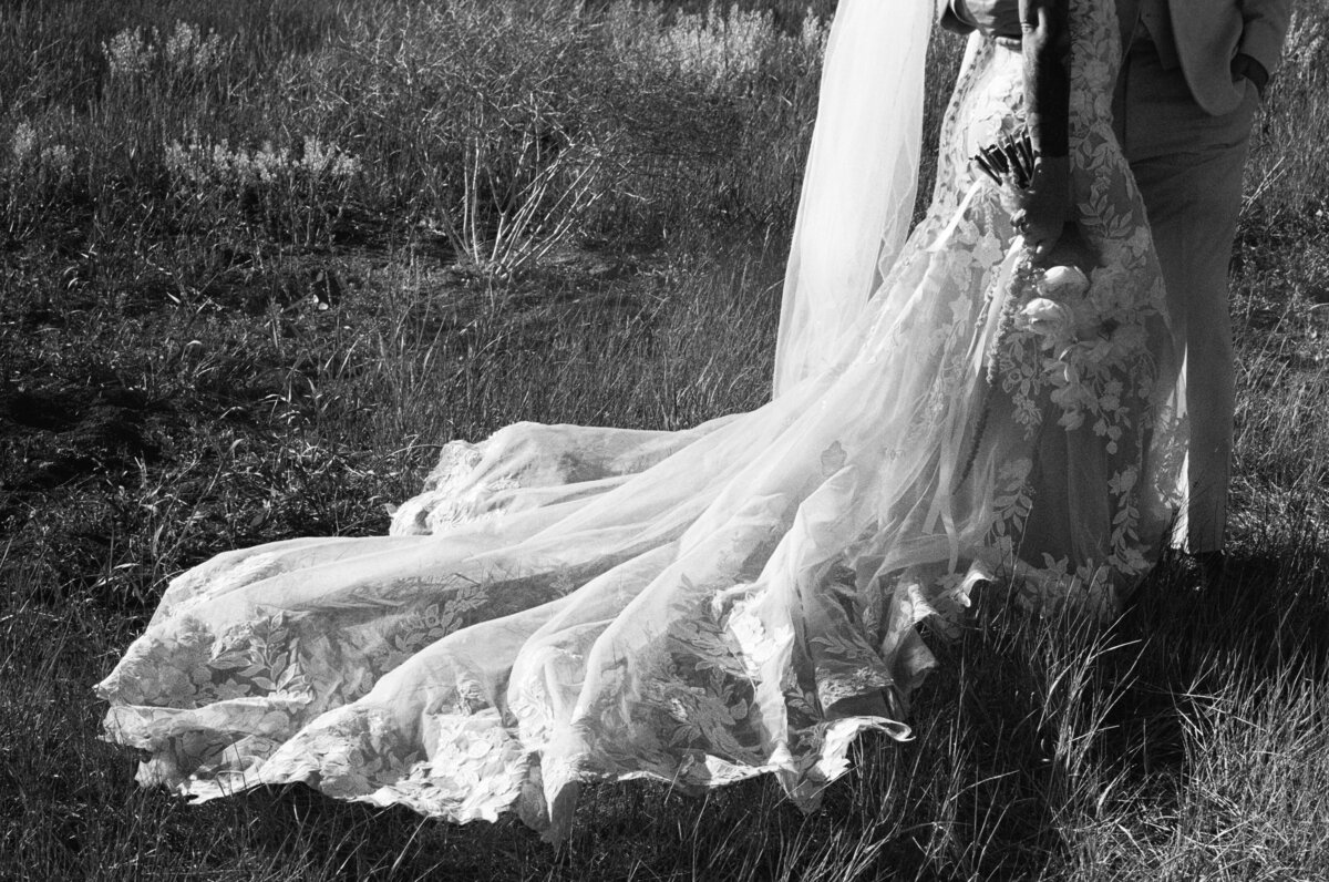 Bride in an intricate lace wedding gown and veil standing in a grassy field with the groom.