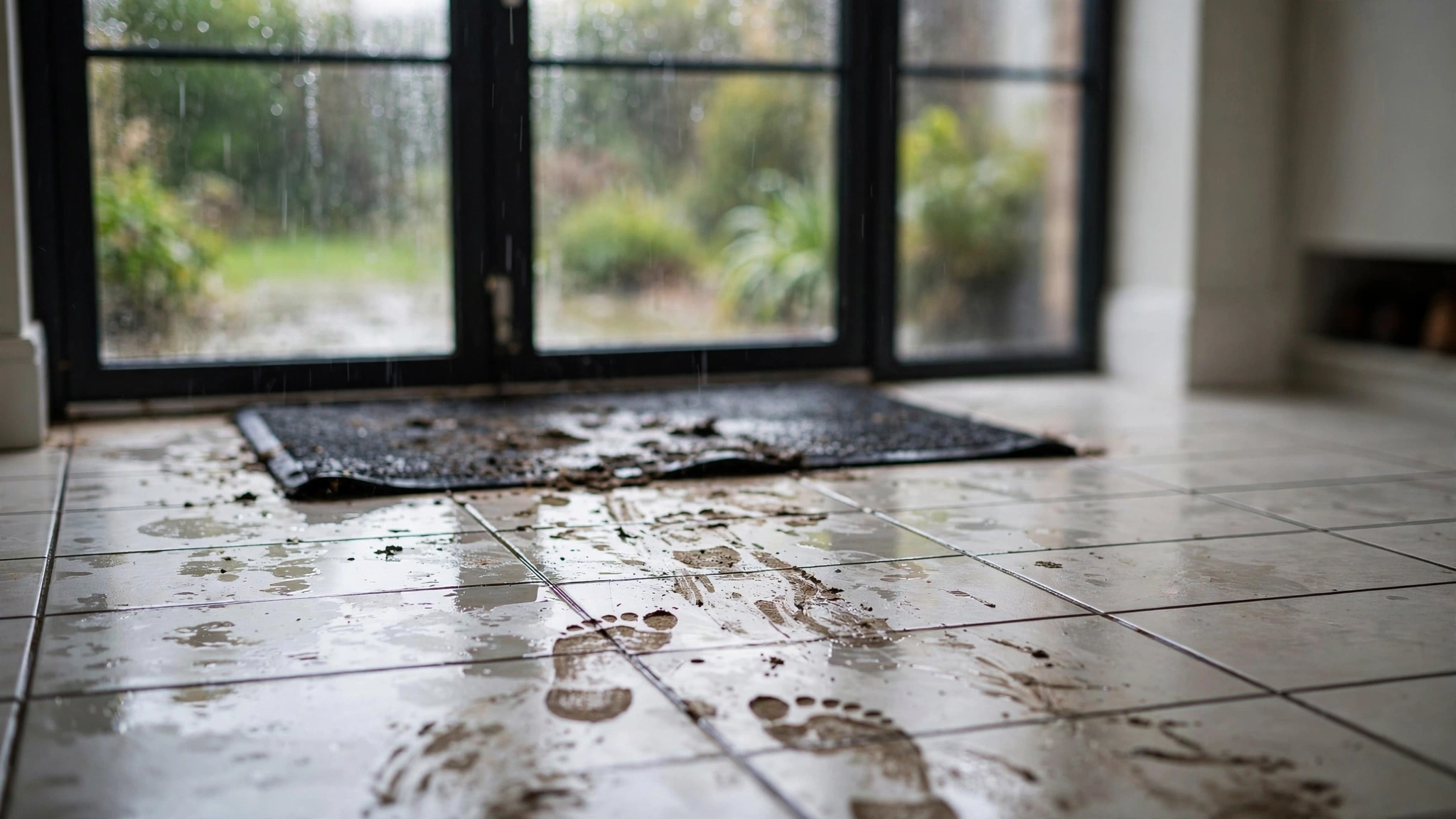 Muddy wet footprints on pale grey porcelain entry tile with darker grout after a rainy morning