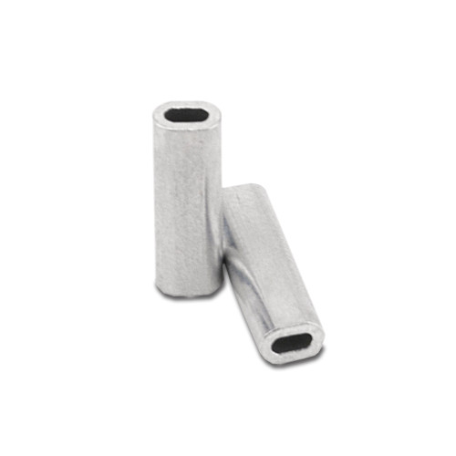 Two metal oval double sleeve crimps on a white background.