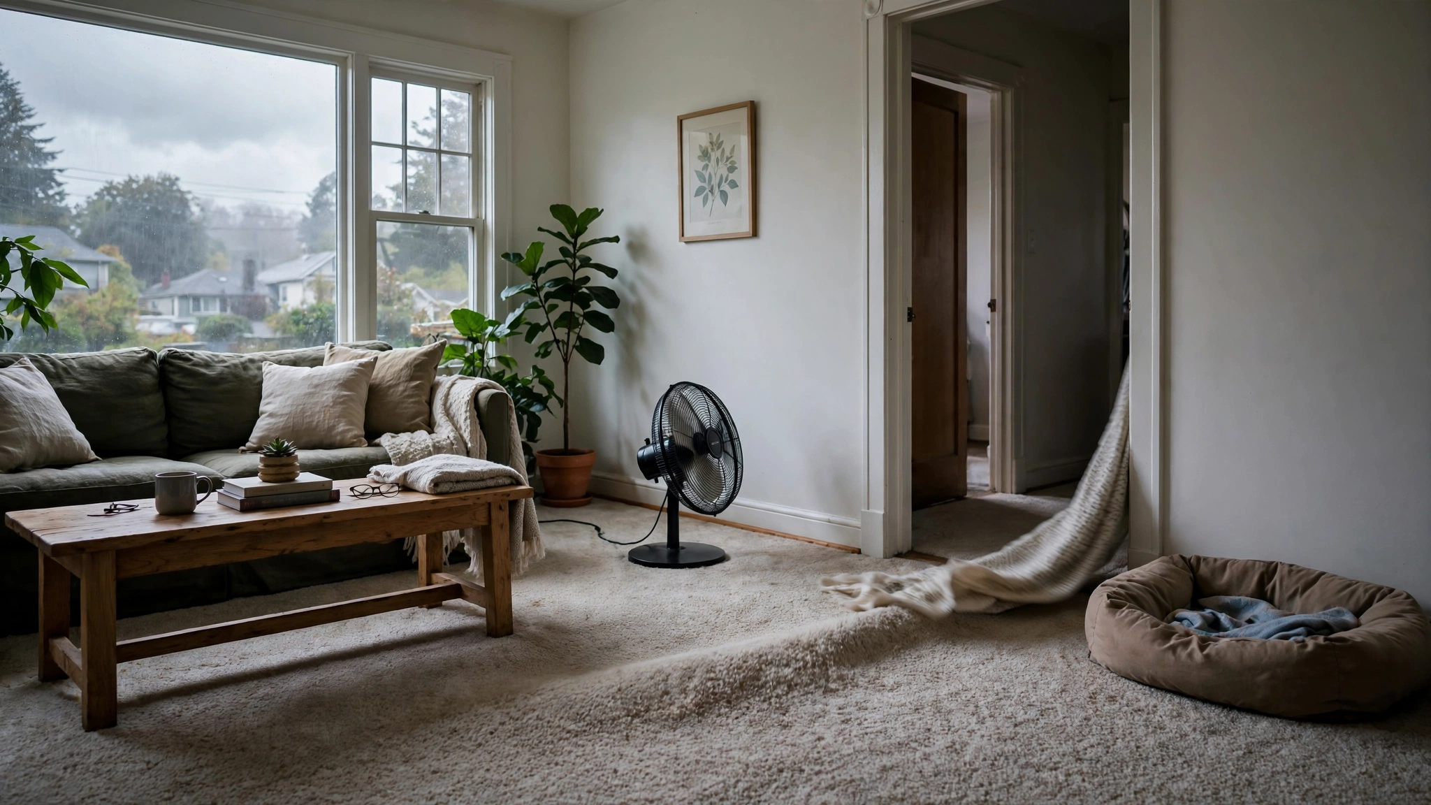 Winter carpet cleaning: beige carpet drying in a bright Portland living room with a floor fan and open doorway moving air acr