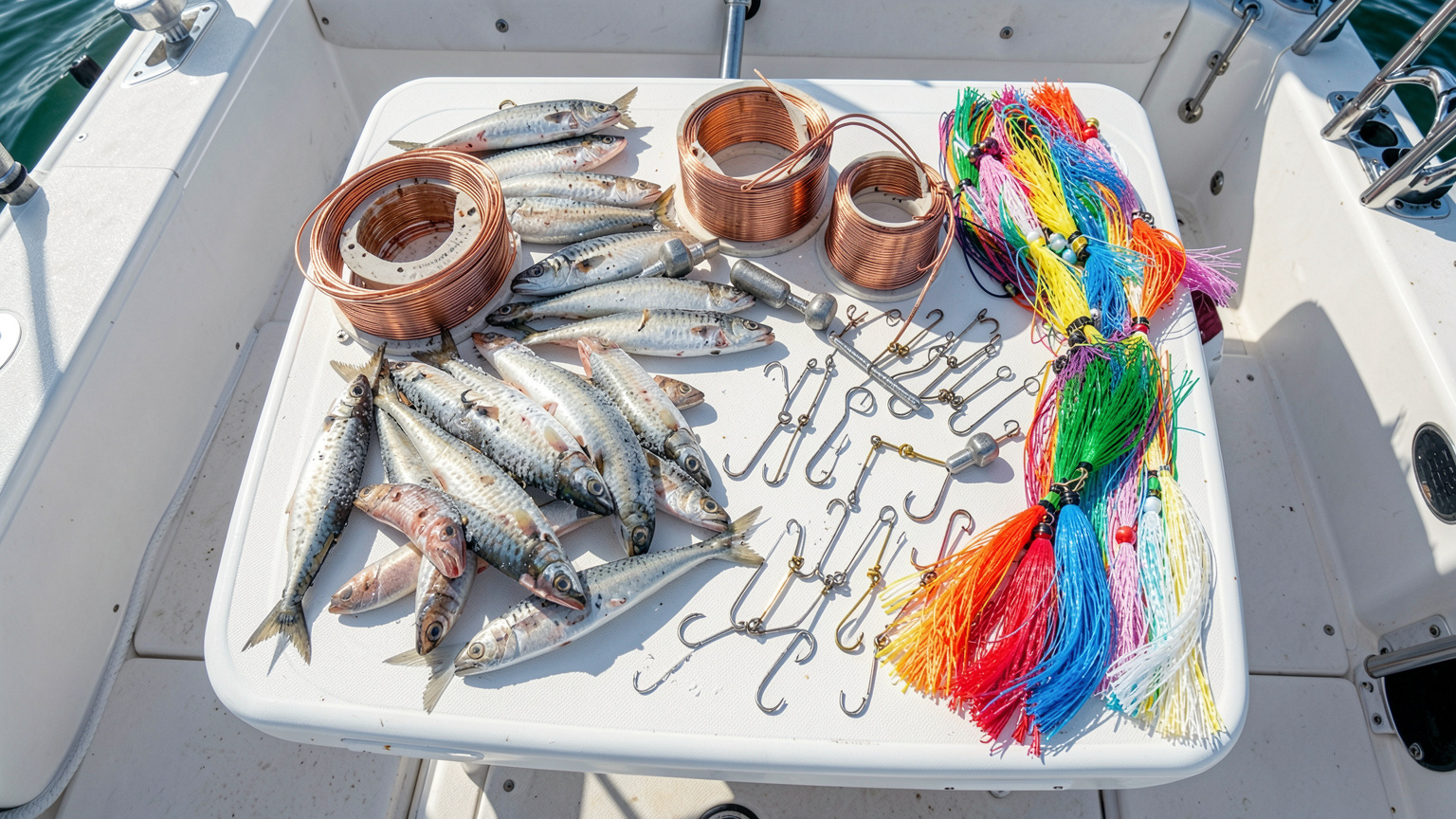 Rigging table on a sportfishing boat with ballyhoo rigs, copper wire, pin rigs, and trolling skirts in morning sunlight.