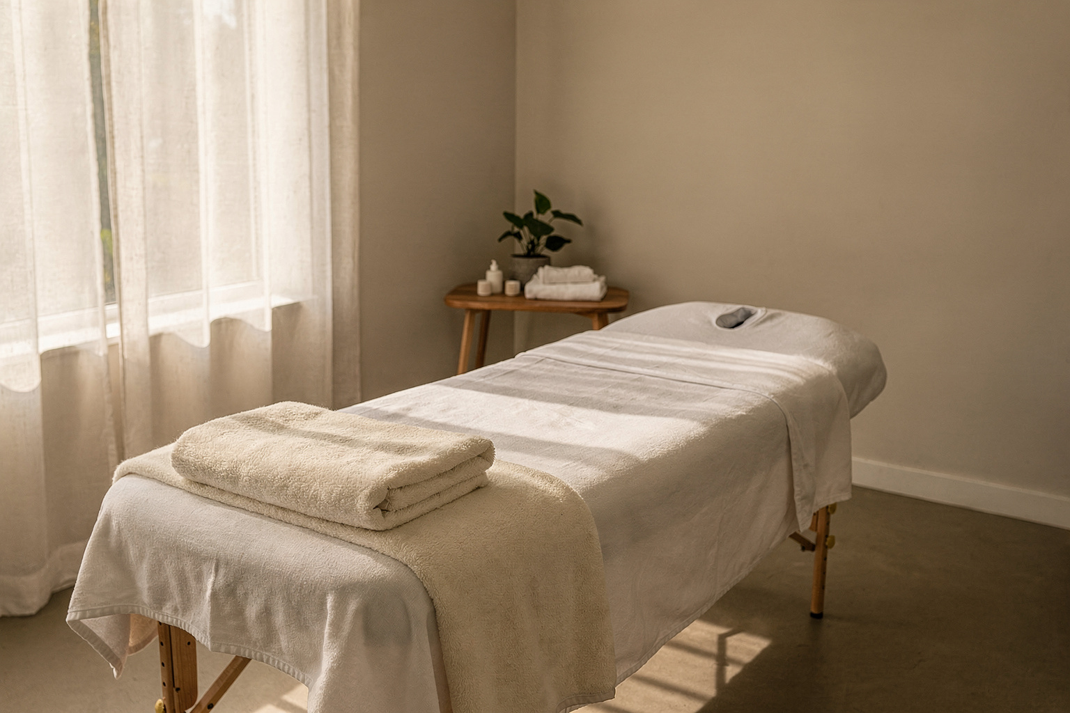 A serene, sunlit treatment room with a prepared massage table for somatic bodywork.