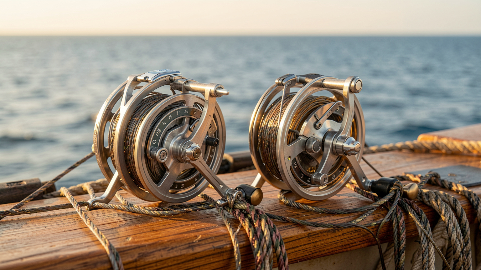 Avet and Accurate lever drag conventional reels side by side on a boat gunwale