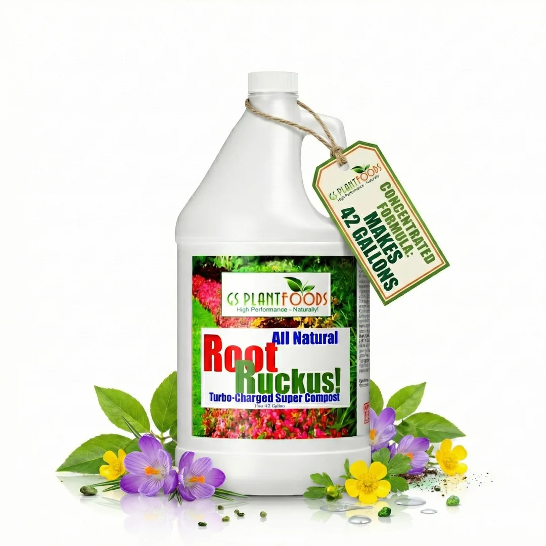 White jug of GS Plant Foods Root Ruckus compost with flowers and leaves on white background.