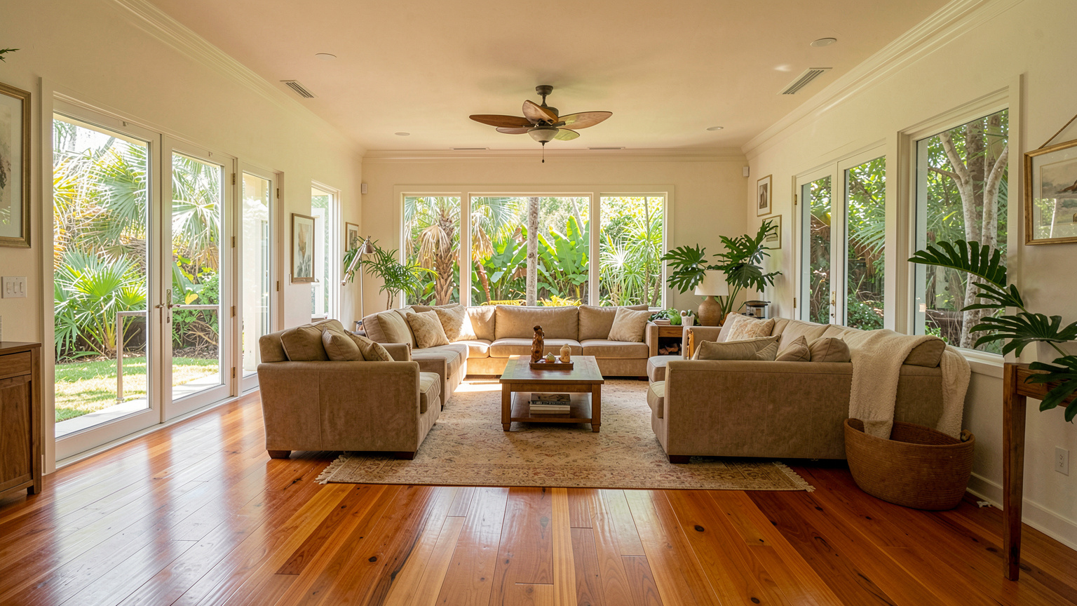Sunlit living room with open walkways arranged by a professional organizer in Orlando for senior accessibility.