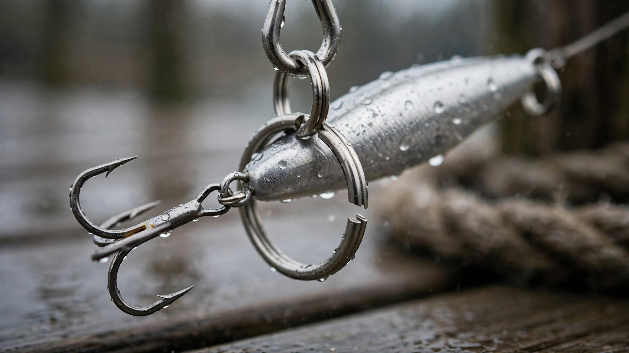 Stainless steel split ring hanging from the treble hook eye of a silver saltwater plug on a wet dock, with the overlap in sha