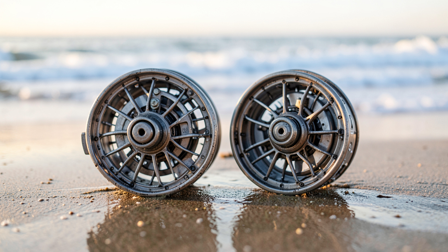 Sealed and non-sealed saltwater reels side by side on wet beach sand showing design differences.