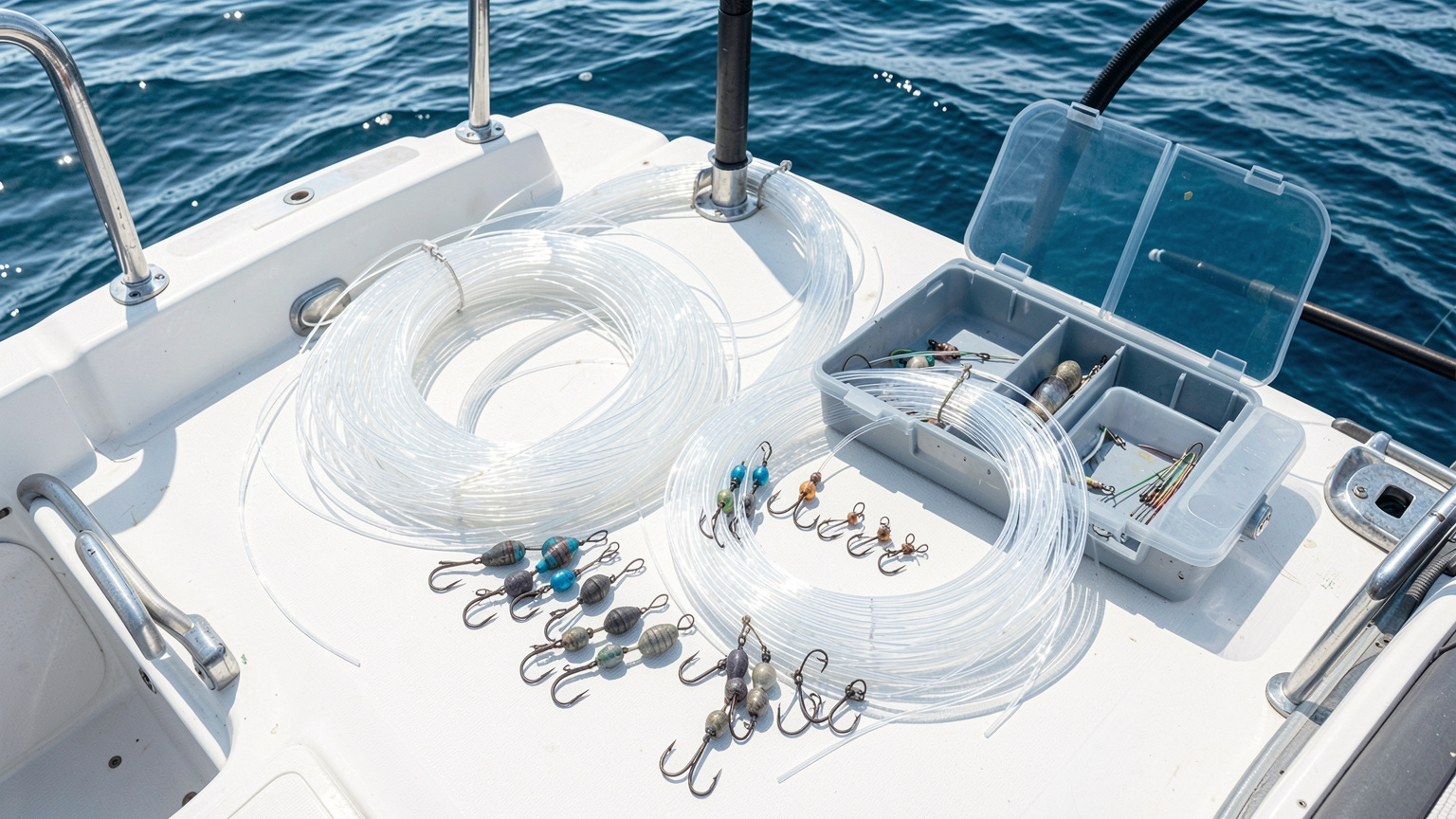 Tackle tray, fluorocarbon leader, and bank sinkers laid out to tie a dropper loop rig on a boat deck