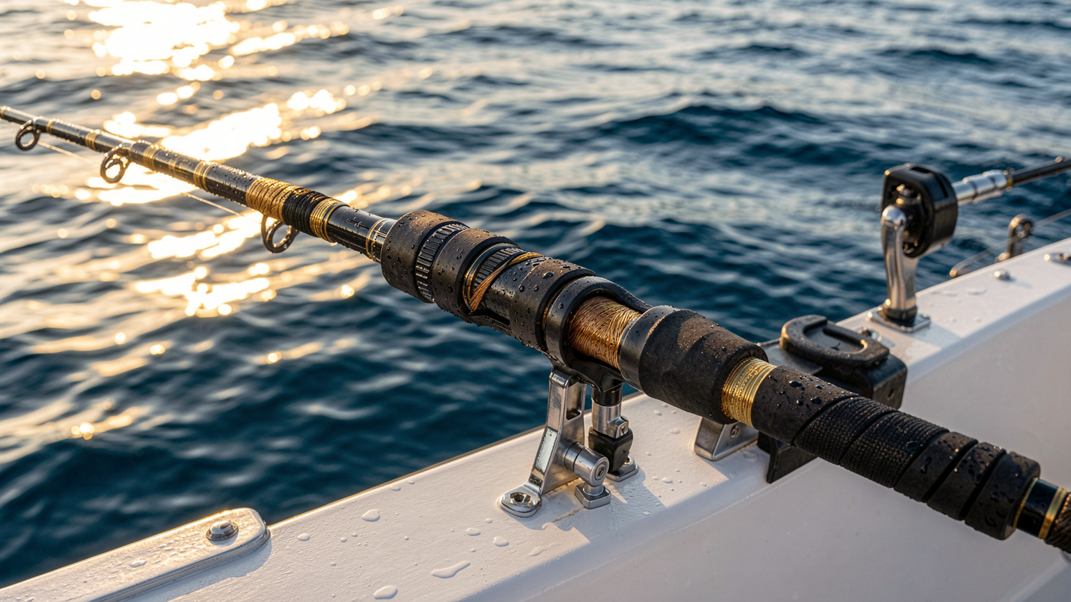 Custom Calstar rods resting on a boat gunwale with black cord grips and heavy guide frames over morning ocean swells.