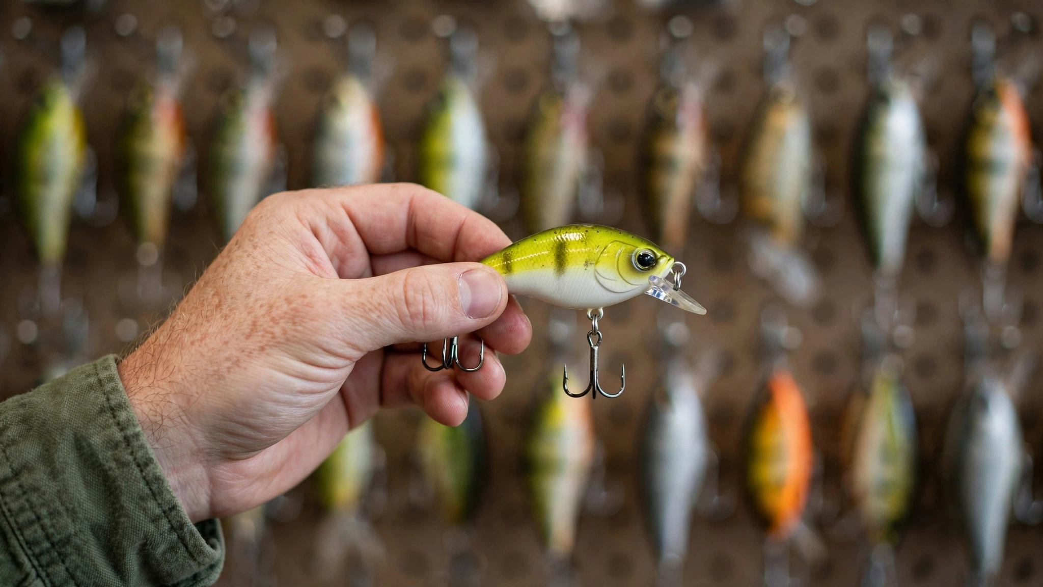 Angler's hand holding a chartreuse and white hard plug in front of a pegboard of saltwater fishing lures, the other plugs blu