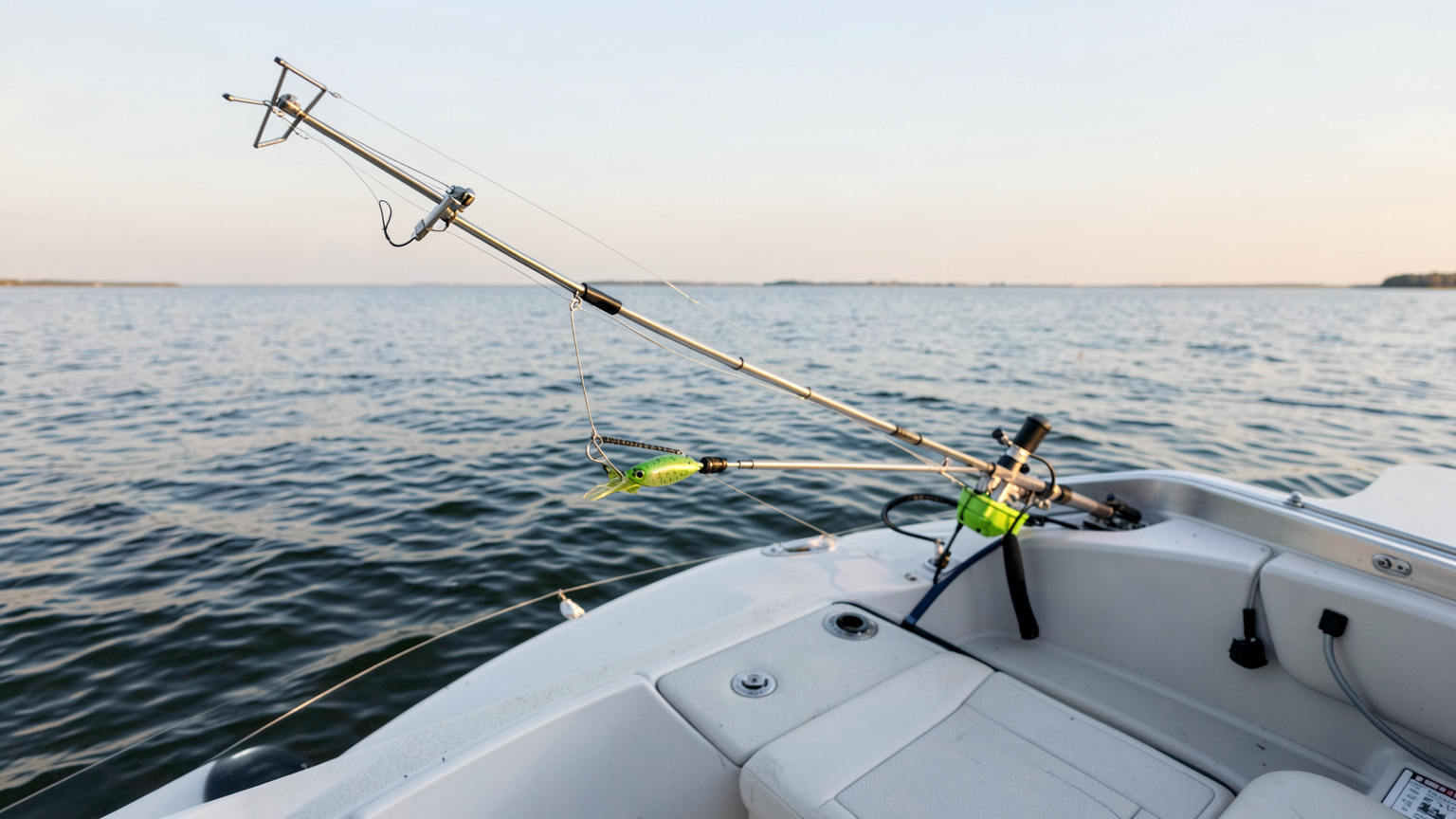 Rigged stainless umbrella rig with a chartreuse trailer on a boat deck, ready for trolling deep striper waters.
