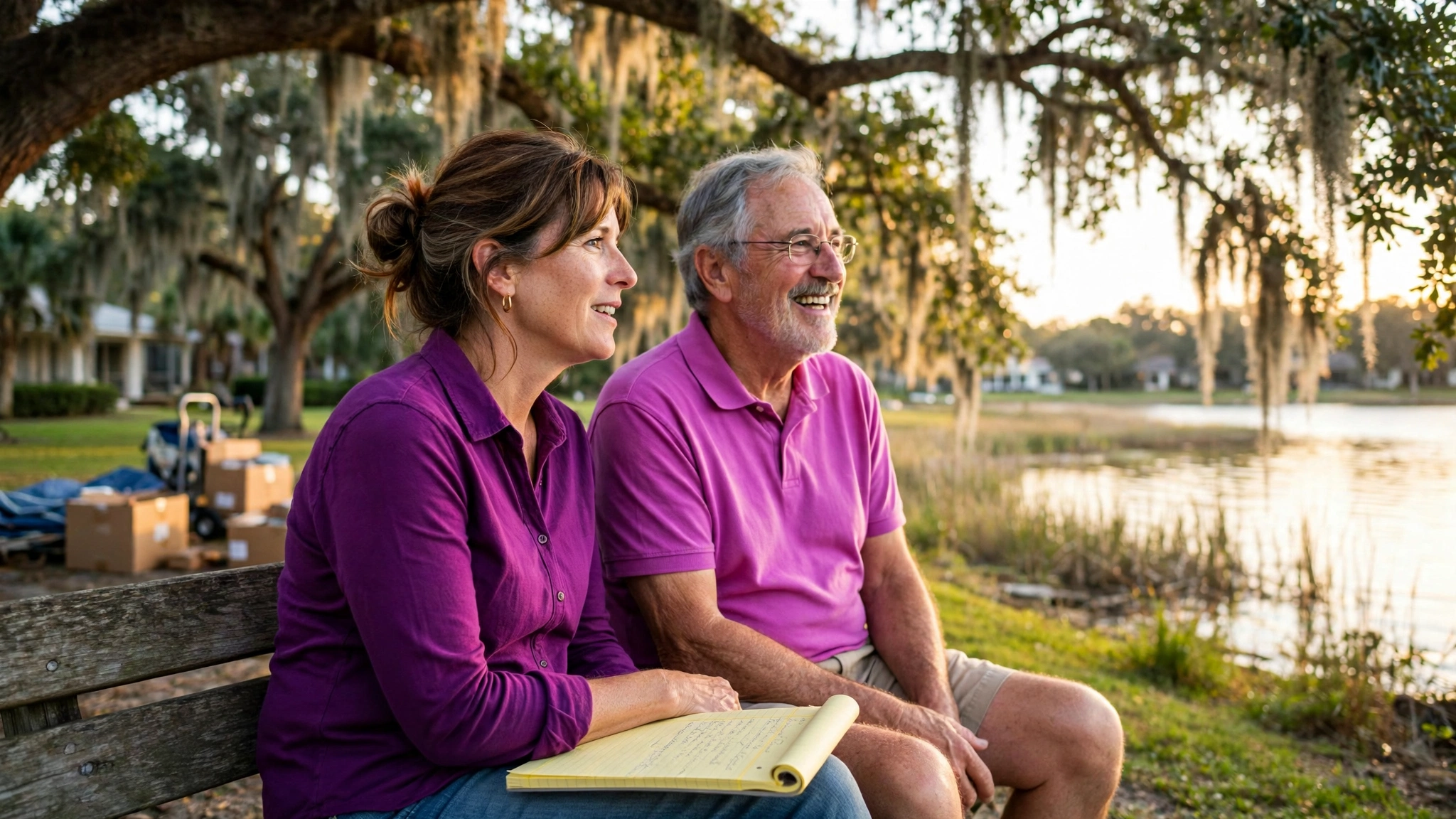 Adult daughter and father talking on a shaded Central Florida lakeside bench, planning care with a geriatric care manager