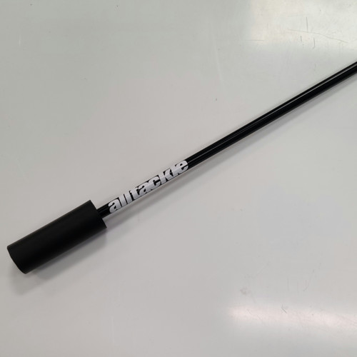 Close-up of a black fishing rod with Alltackle branding on a white background.