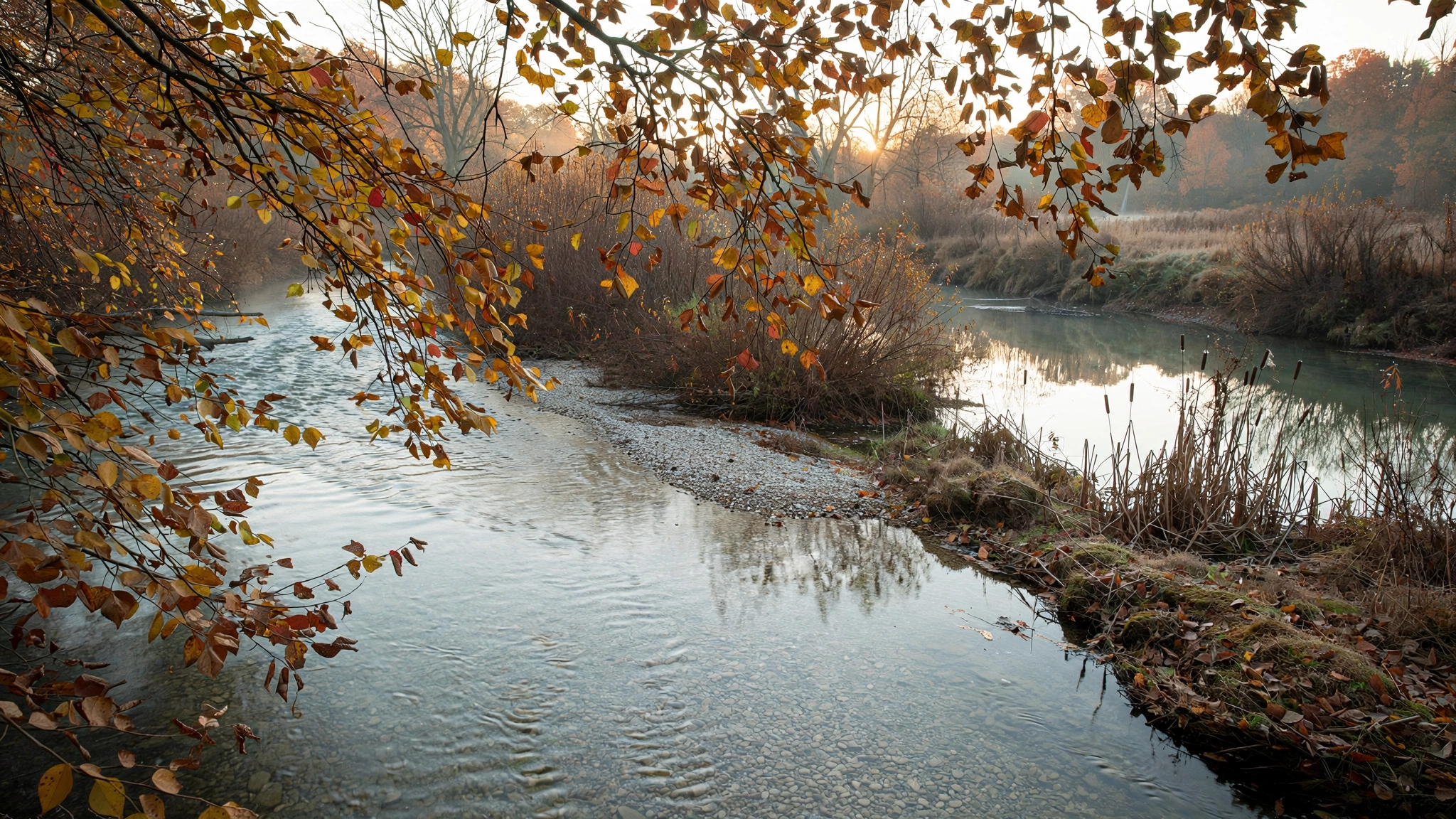Clear low river in October with fall-colored branches over gravel, a calm pocket near brush for bait finesse fishing
