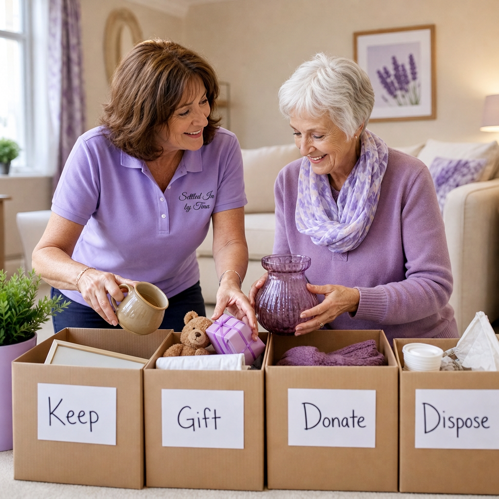 Two women sorting household items into boxes labeled Keep, Gift, Donate, and Dispose.