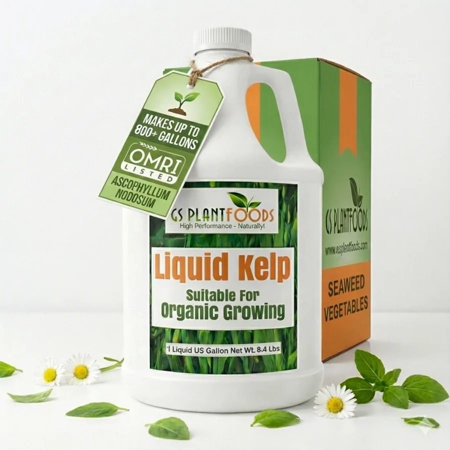 GS Plant Foods Liquid Kelp gallon jug on white surface with leaves and flowers.