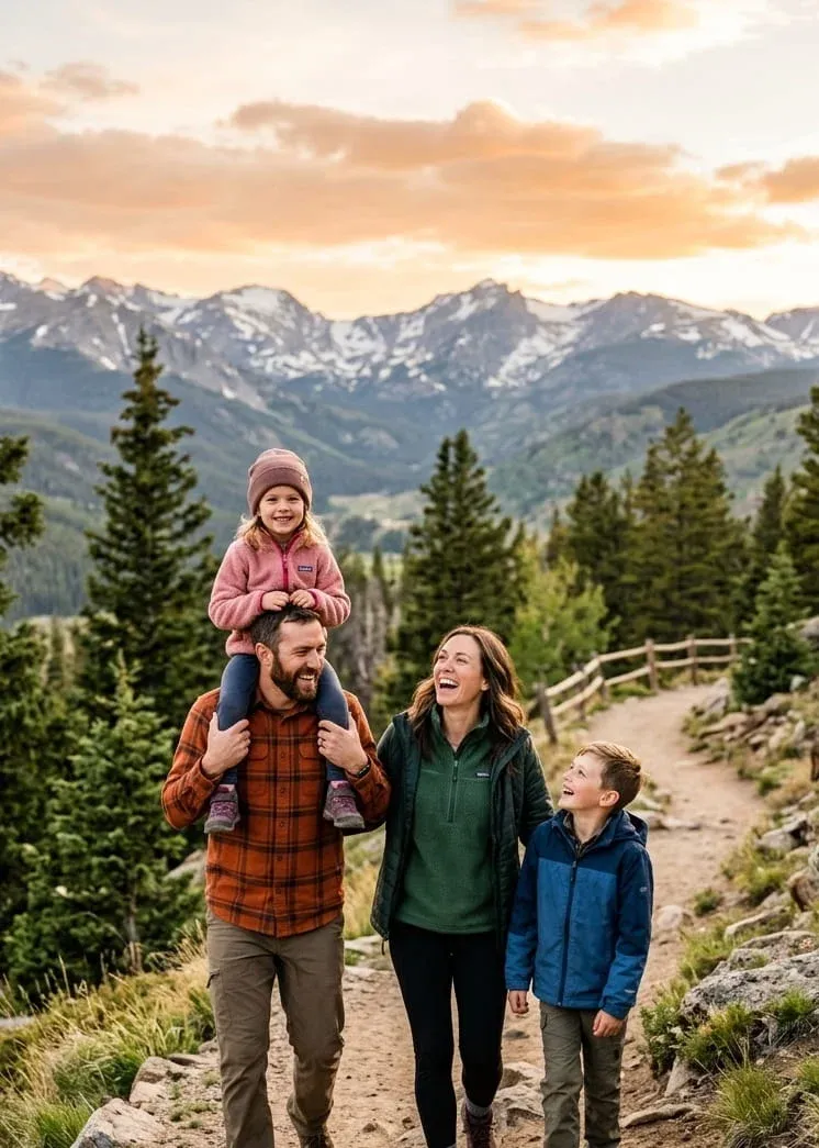 A family of four walking on a mountain trail in Colorado at sunset.