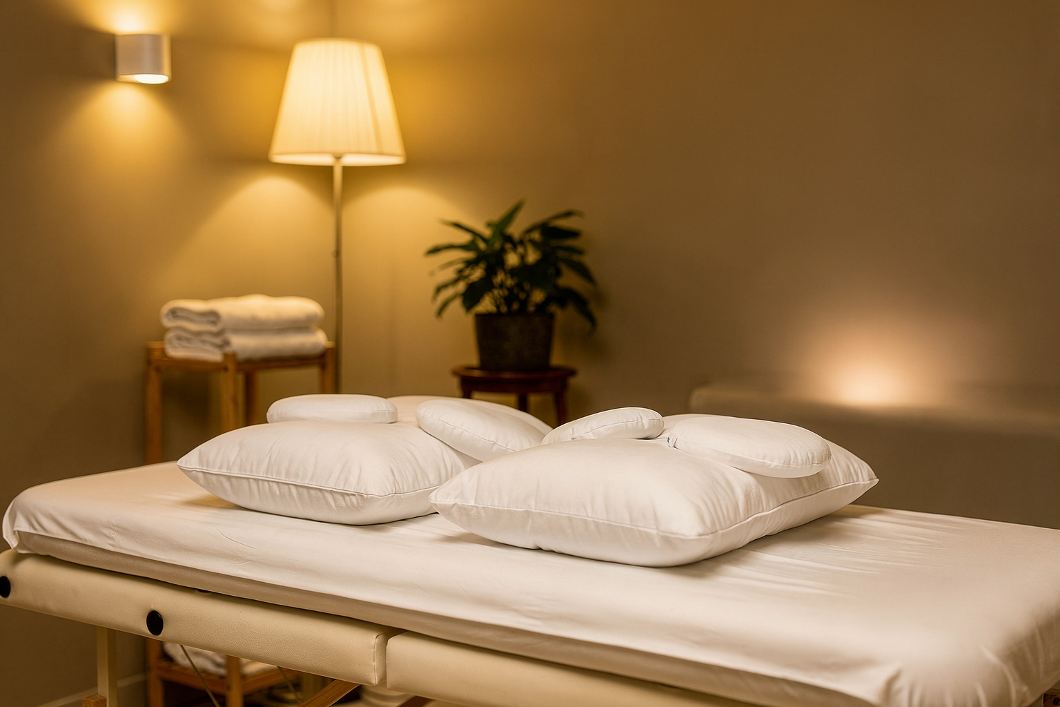 Cozy pillows arranged on a massage table for prenatal care in a spa room