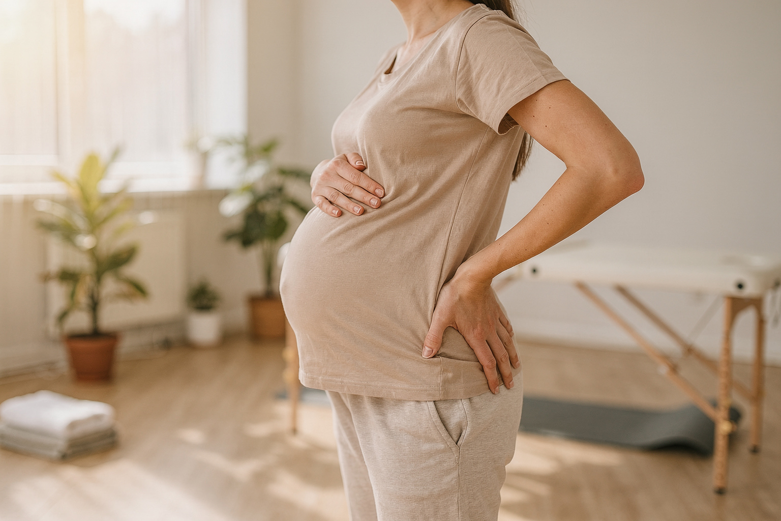 Pregnant woman experiencing lower back discomfort before prenatal massage