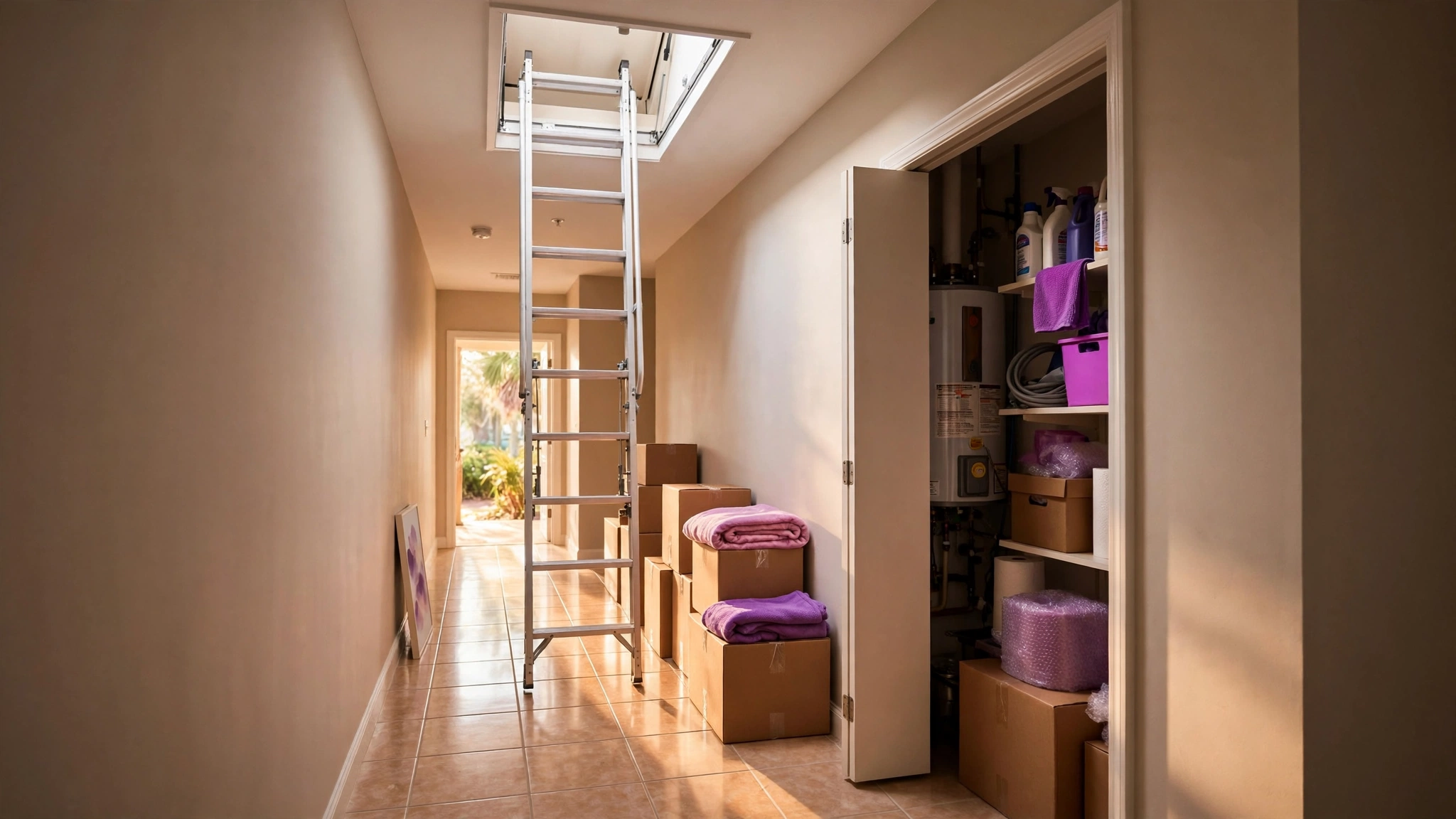 Clear Central Florida hallway with an open attic hatch and unblocked utility closet, showing access for a home appraisal