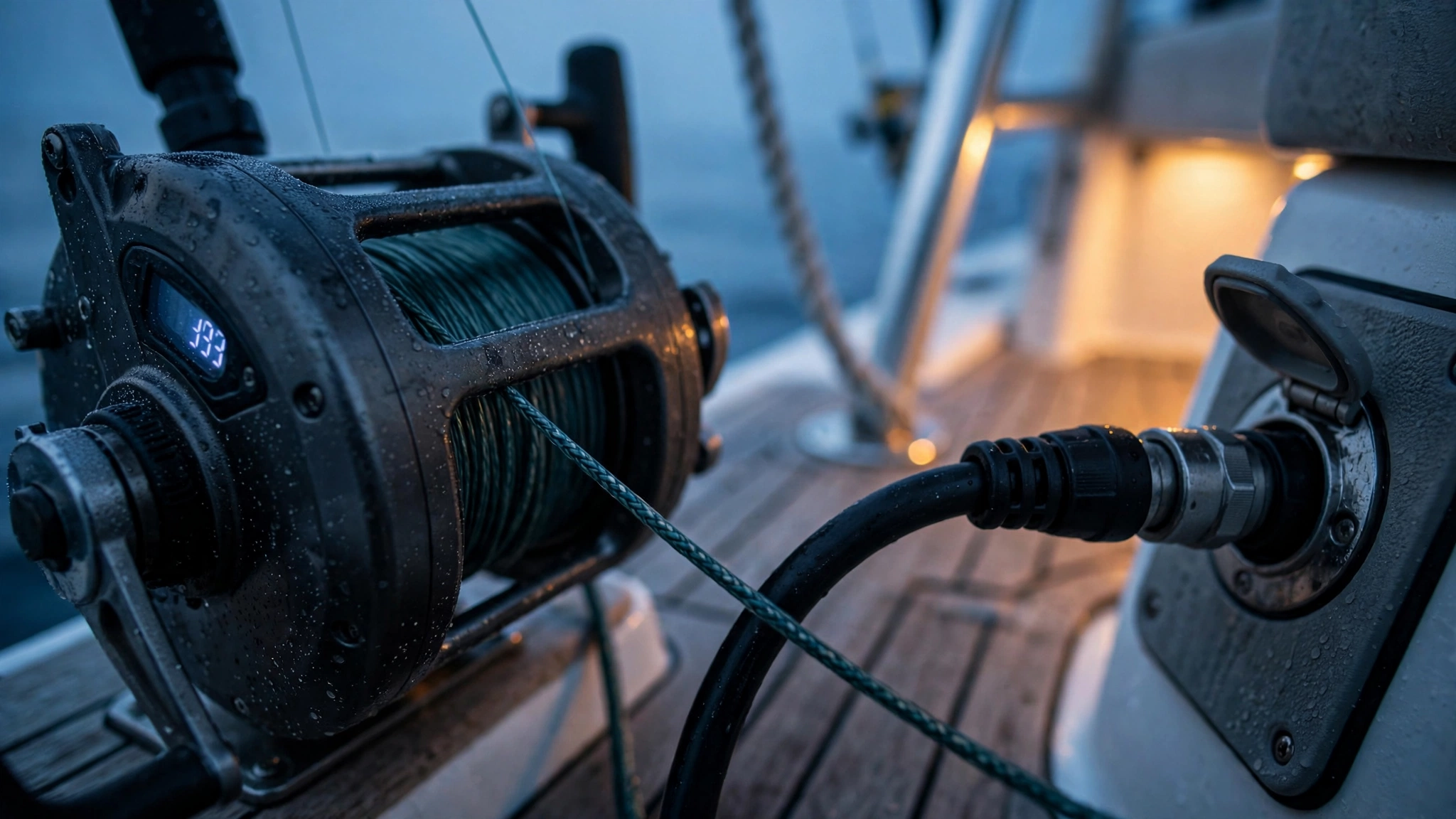Hooker electric reel cable seated into a locking receptacle at a boat's fighting station at dawn