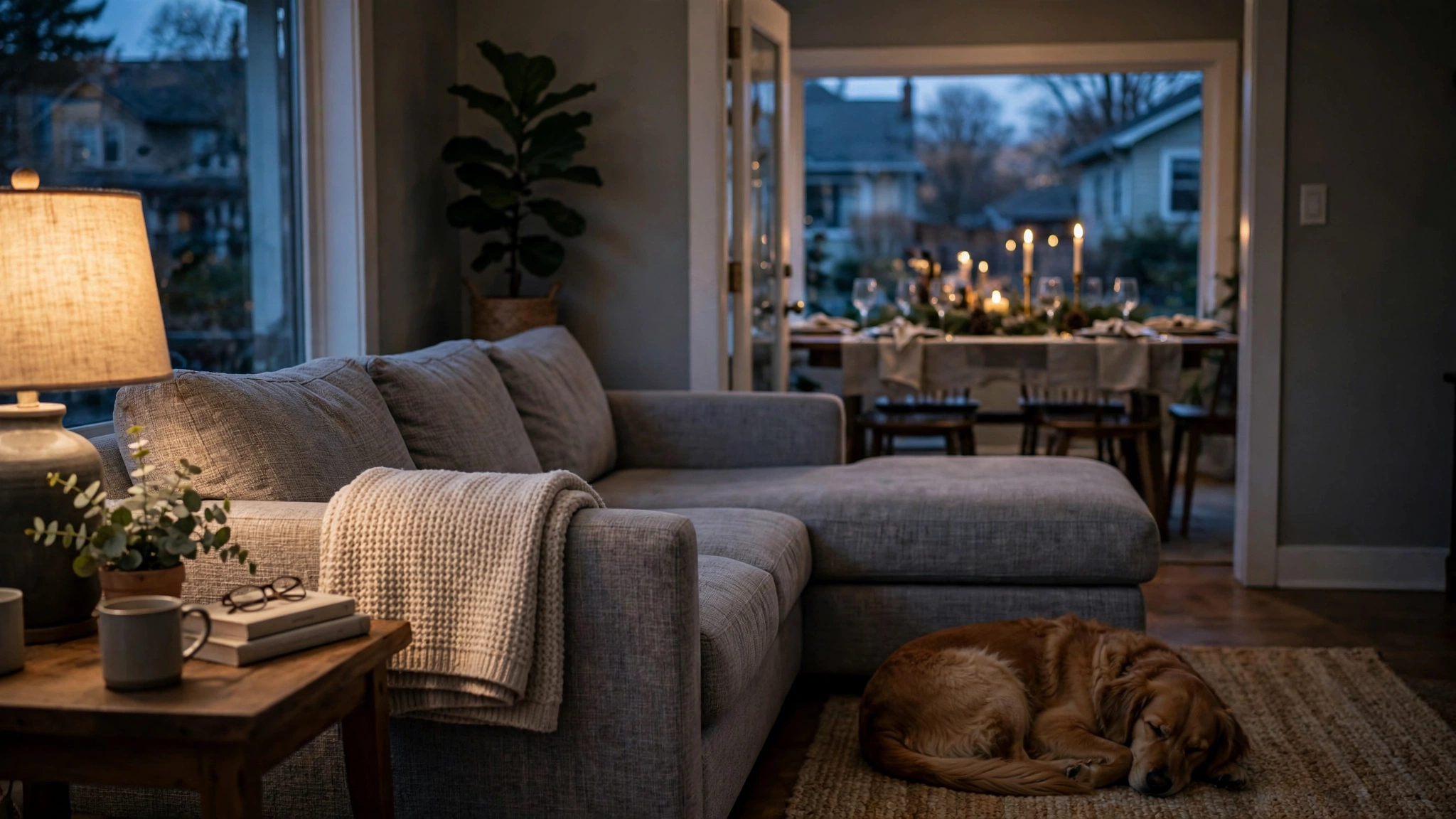 Dim living room at dusk with a grey textured sectional, a folded throw and a dog on the rug beside it