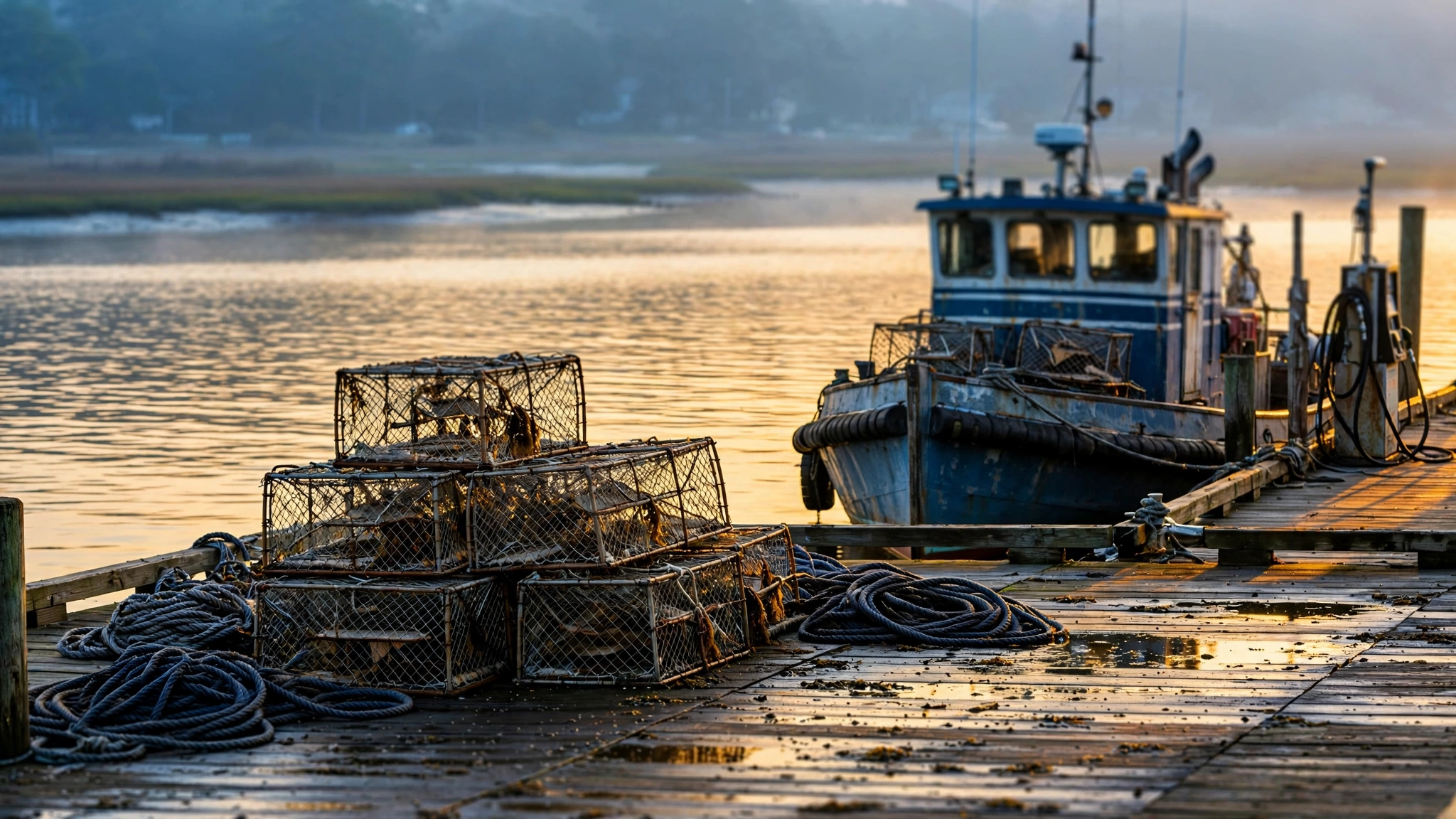 Workboat at a Chesapeake fuel dock beside stacked crab pots and coils of line, for wholesale fishing tackle supplies